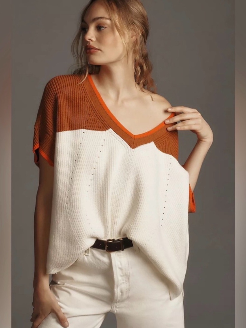 Maeve Anthropology Two-Tone V-Neck Knit Sweater tee in Rust and Cream